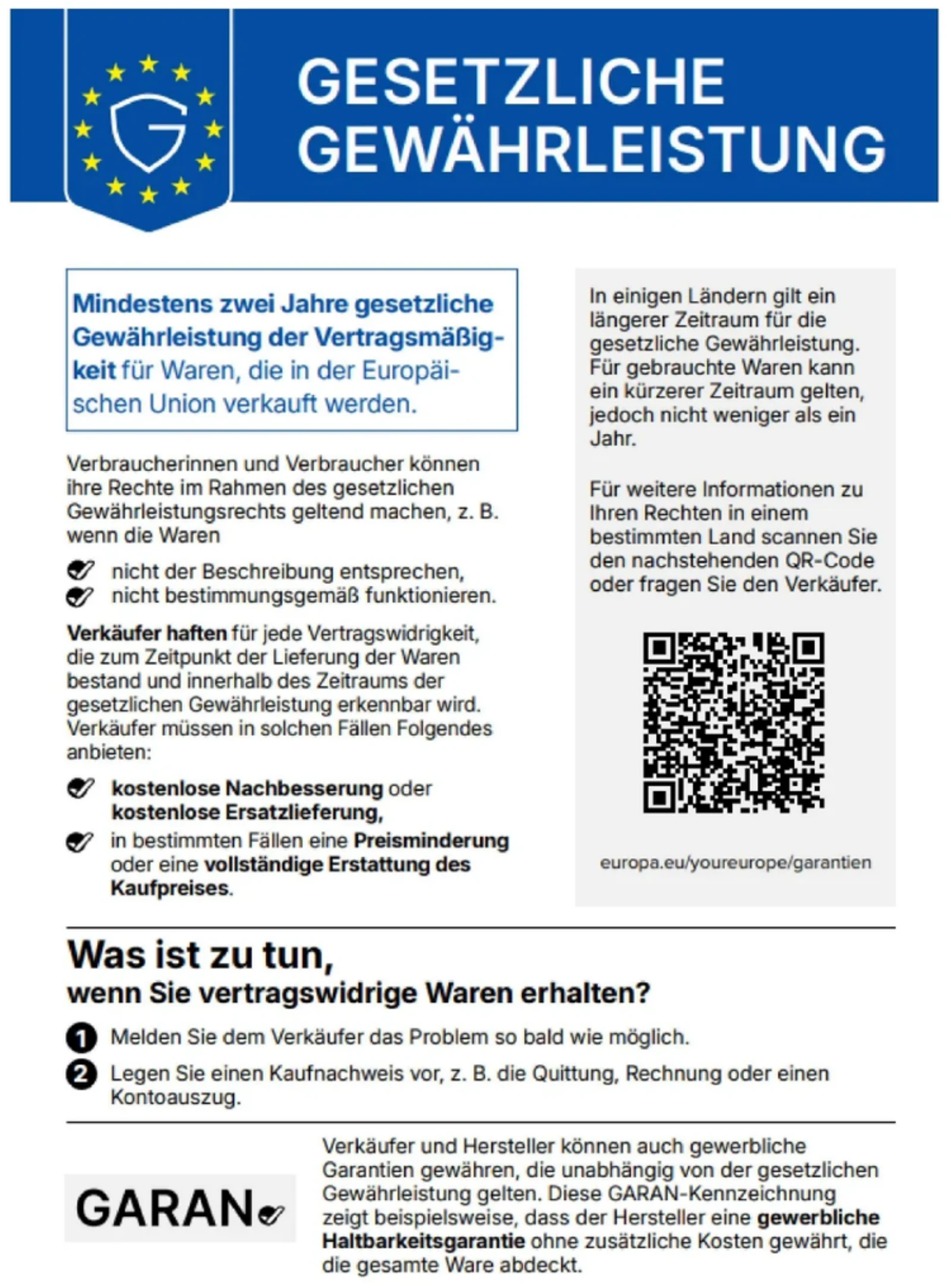 Harmonisierte Mitteilung „Gesetzliche Gewährleistung“ der Europäischen Union – der vollständige Text steht unten auf dieser Seite.